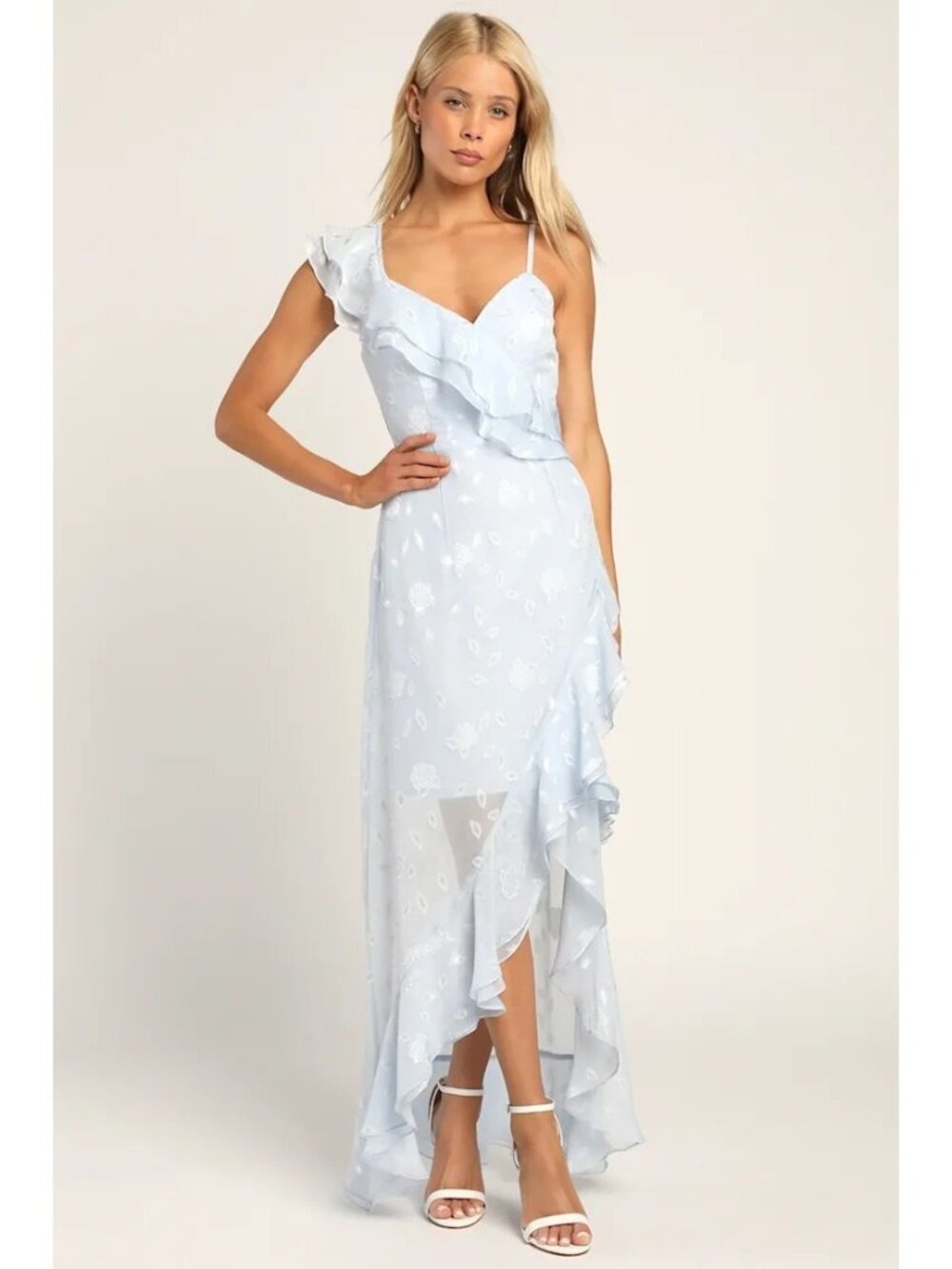 LULUS Forever Be Light Blue Ruffle Rose Print Dress Size Medium NEW NWT